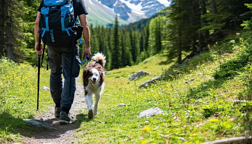 Dog and owner hiking together in a scenic mountain trail Dog and owner hiking together in a scenic mountain trail