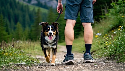 A dog and owner on a hiking trail, embodying adventure and companionship. A dog and owner on a hiking trail, embodying adventure and companionship.