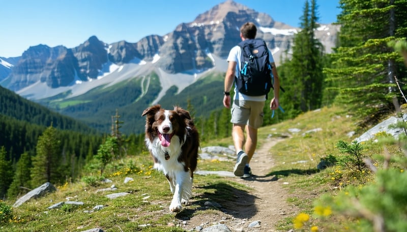 A happy dog and its owner hiking together in the mountains A happy dog and its owner hiking together in the mountains